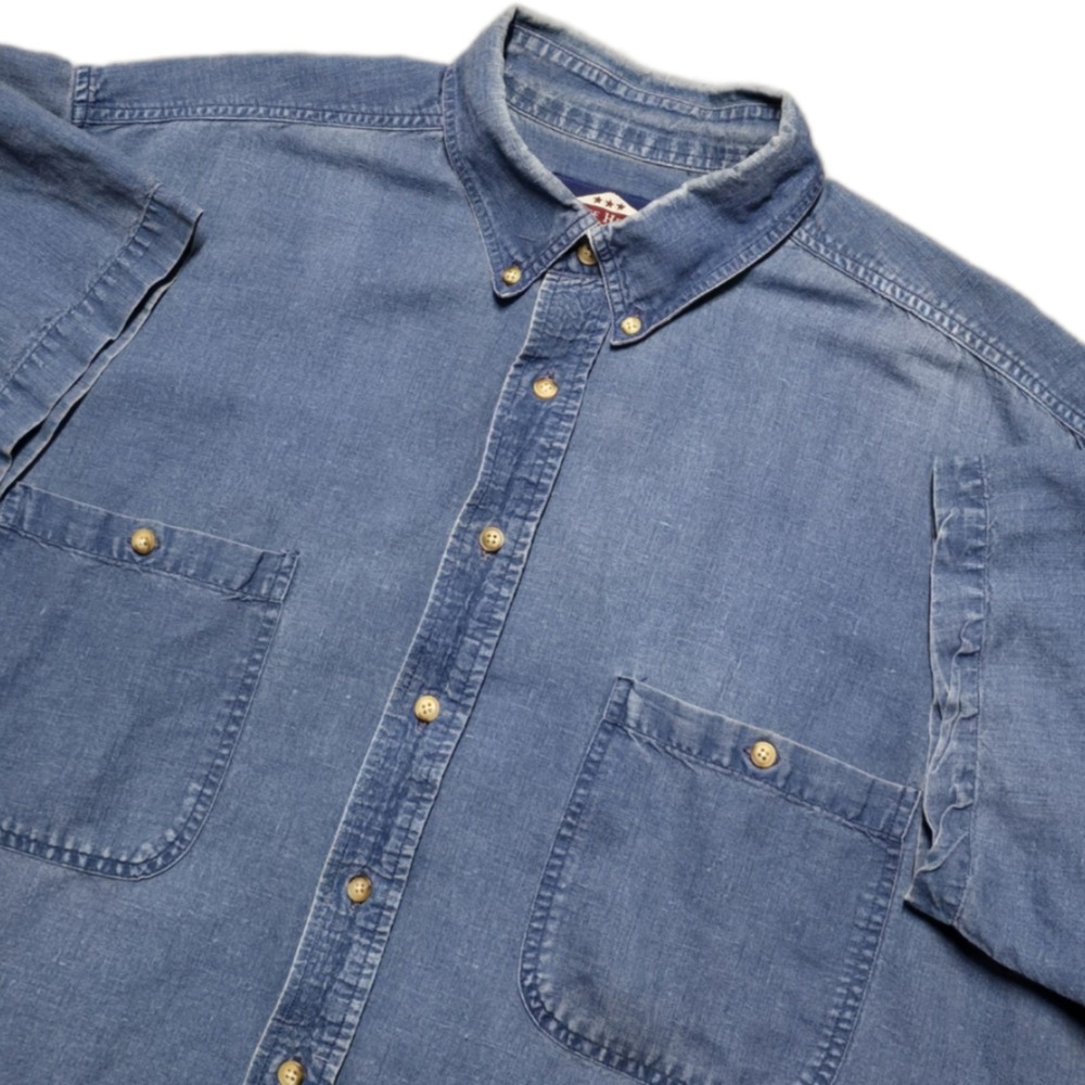 VTG 90s Ruff Hewn Short Sleeve Chambray Denim Shirt Mens Sz XL‎